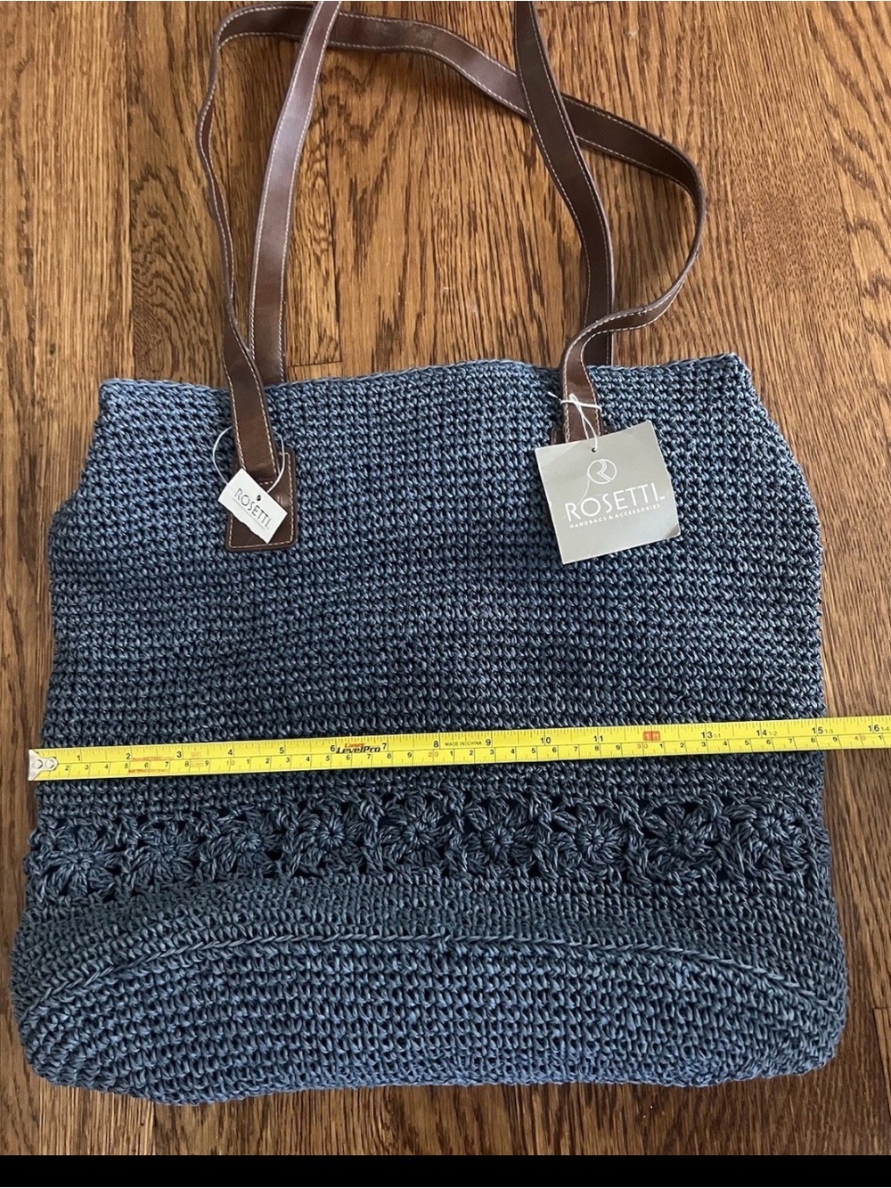 Rosetti Knit Tote with Brown Leather Handles - navy blue - Picture 5 of 6